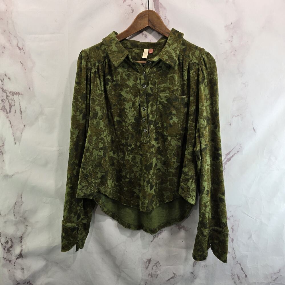 Anthropologie Shirt Women Small Button Floral Knit Crop Puff Long Sleeve Pilcro